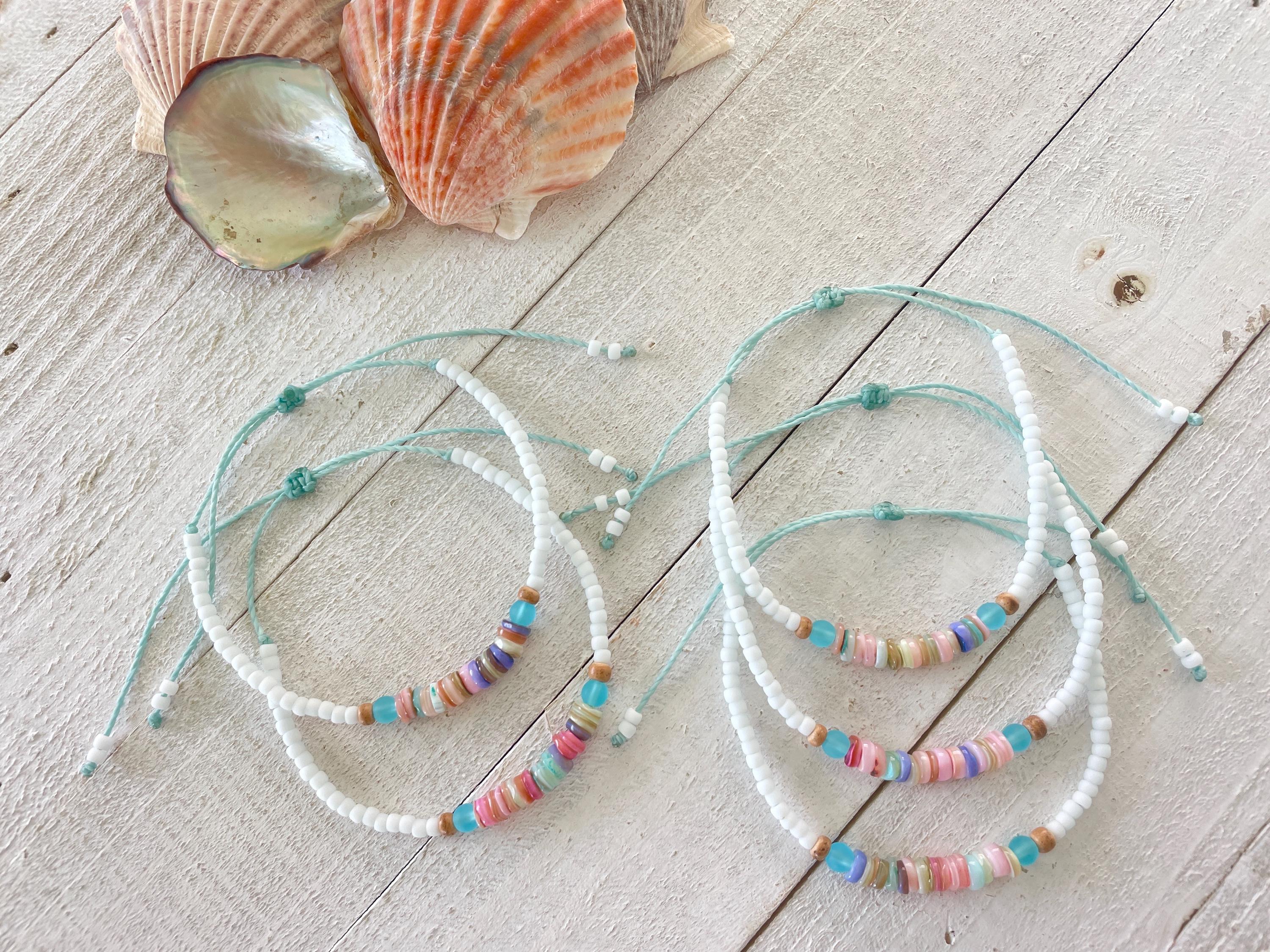 Island Vibes ~ Colorful Shell, Sea Glass, Coconut, White Dainty Beachy Seed Bead Minimalist Waterproof Adjustable Bracelet Anklet Beach
