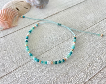 Tropicana Cabana - Turquoise, Teal, Green, White and Gold Dainty Beachy Seed Bead Minimalist Waterproof Adjustable Bracelet / Anklet Blue