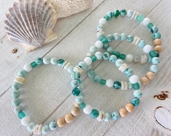 Ocean Hues Agate, Recycled Glass, Shell, Java, Wood Stretch Bracelet ~ Natural ~ Beachy ~ Island ~ Boho ~  Beach ~ Bohemian ~ Coastal Summer