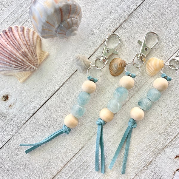 Blue Wave Recycled Glass and Wood on Blue Faux Suede Cord with Shell from Beach Keychain / Purse Charm Sea Glass Boho Beachy Handmade Gift