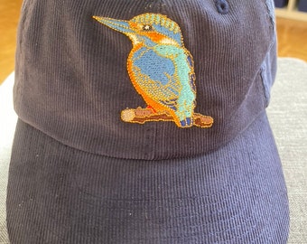 dark blue corduroy basecap with embroidered kingfisher - navy blue corduroy basecap with Kingfisher
