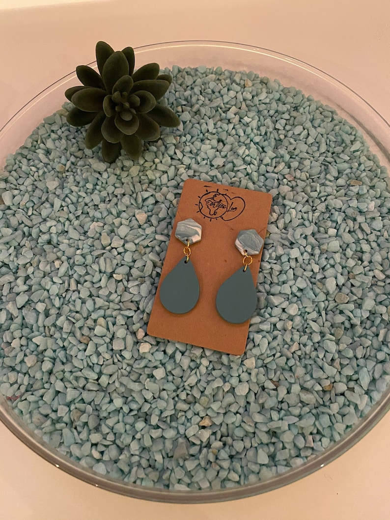CLAY EARRINGS lightweight blue teardrop blue marble hexagon
