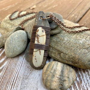 Wrapped stone necklace, zen stone, river stone, wrapped rock with polished stone bead, hand woven by FineCraftedByCole