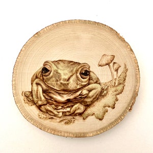 Può includere: Un'immagine pirografata di una rana seduta su un tronco con funghi dietro. La rana è marrone e verde con occhi grandi. I funghi sono bianchi con steli marroni.