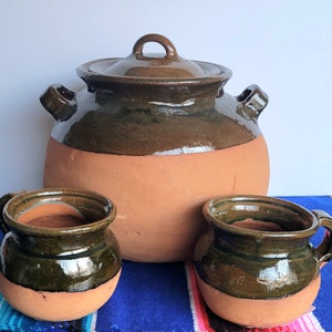 Set of Bean Pot with 2 Cups | Olla Frijolera  | Olla de Barro y 2 Cafetera | Clay Bean Pot w Lid and 2 Coffee Cups | Bean Pot | Bundle