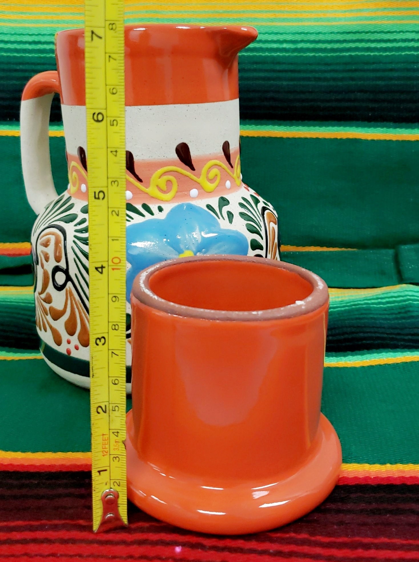 Handmade Authentic Mexican Pottery Water Jug With Lid & Cup