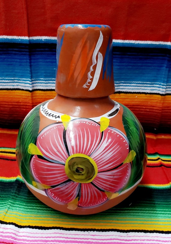 Handmade Mexican Clay Water Jug With Cup: Floral Kitchen