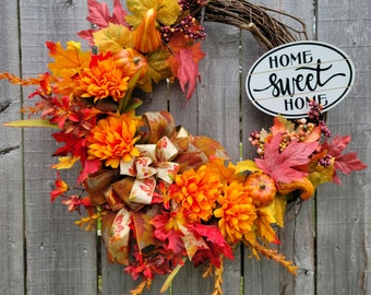 Fall Grapevine Wreath, Grapevine Wreath,  Front Door Wreath, Front Door, Autumn, Fall Decor, Fall Decor Wreath, Home Sweet Home, Seasonal