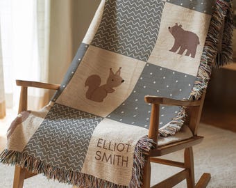Custom Name Baby Blanket Forest Animals Personalized Baby Boy Blanket Woodland Animals Nursery Bedding Baby Shower Gift For Baby Boy Newborn