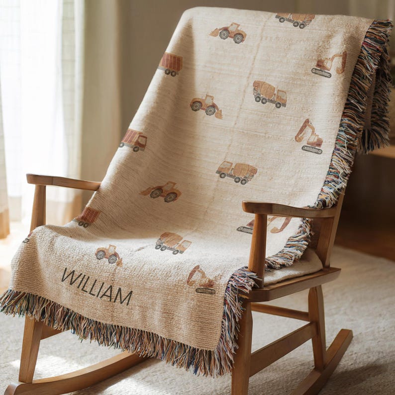 Personalized Construction Truck Baby Blanket Custom Baby Name Blanket Baby Shower Gift Customized Baby Blanket Truck Baby Boy Blanket Trucks image 3