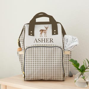 Custom Diaper Bag Baby Boy Deer Hunting Nursery Theme Baby Boy Backpack Diaper Bag Personal Baby Name Gift Classic Gingham Print Baby Bag