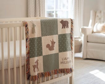 Personalized Baby Blanket Boy Woodland Forest Animal Woven Blanket Custom Baby Name Blanket Baby Shower Gift For Baby Boy Blanket Checkered