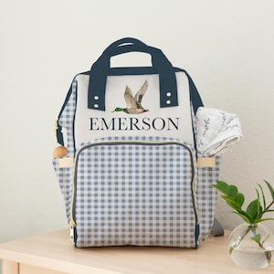 Personal Baby Name Diaper Bag Mallard Duck Baby Shower Gift Baby Boy Blue Gingham Backpack Diaper Bag Gift For Duck Hunter Theme Nursery