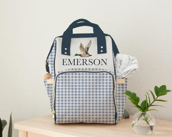 Personal Baby Name Diaper Bag Mallard Duck Baby Shower Gift Baby Boy Blue Gingham Backpack Diaper Bag Gift For Duck Hunter Theme Nursery