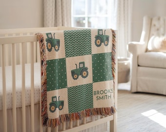 Gepersonaliseerde babynaamdeken tractor babydeken jongen aangepaste babydeken boerderij kwekerij decor kraamcadeau groene tractor babydeken