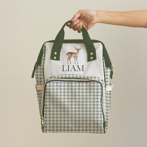 Custom Deer Hunter Baby Diaper Bag Backpack Baby Boy Custom Name Gift Personalized Baby Name Backpack Diaper Bag Gingham Print Neutral