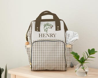 Borsa per pannolini personalizzata con tema "Bass Fish", regalo per baby shower, per neonati, pesca, borsa per pannolini personalizzata per neonati, zaino classico a quadretti, estetica per neonati