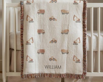 Personalized Construction Truck Baby Blanket Custom Baby Name Blanket Baby Shower Gift Customized Baby Blanket Truck Baby Boy Blanket Trucks