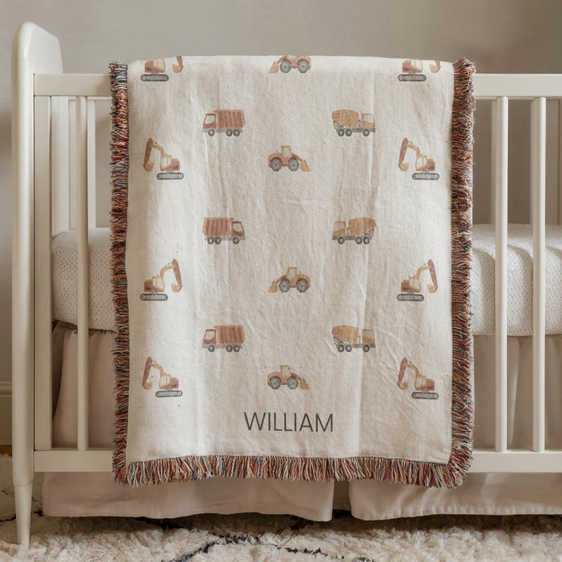 Personalized Construction Truck Baby Blanket Custom Baby Name Blanket Baby Shower Gift Customized Baby Blanket Truck Baby Boy Blanket Trucks image 1