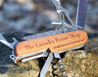 Personalized Engraved 3.5" Wooden Pocket Knife - 8 Function Multi-tool