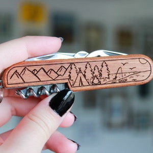 Personalized Engraved 3.5&quot; Wooden Pocket Knife - 8 Function Multi-tool - WITH Camping Artwork