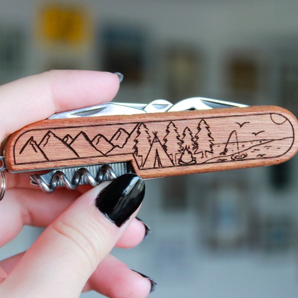 Personalized Engraved 3.5" Wooden Pocket Knife - 8 Function Multi-tool - WITH Camping Artwork