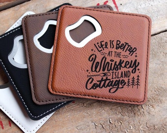 Personalized Engraved Faux-Leather Bottle Opener Coaster - One Sided