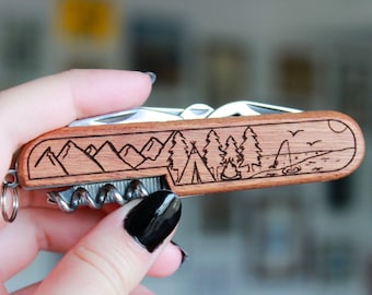 Personalized Engraved 3.5" Wooden Pocket Knife - 8 Function Multi-tool - WITH Camping Artwork