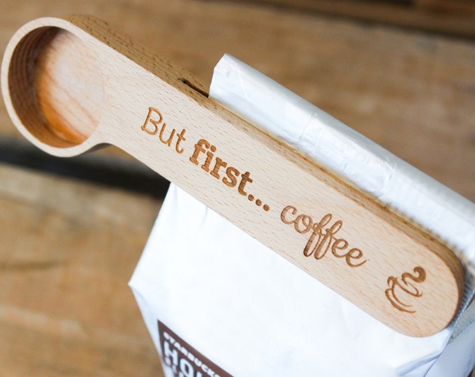 Personalized Engraved 6.25" Wooden Coffee Scoop Bag Clip - Your Own Text!