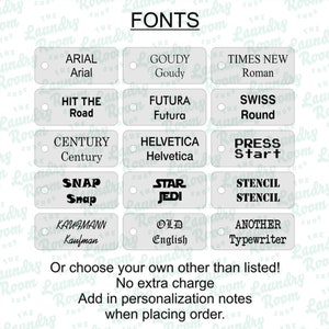May include: A display of font styles, including Arial, Goudy, Times New Roman, Hit the Road, Futura, Swiss Round, Century, Helvetica, Press Start, Snap, Star Jedi, Stencil, Kaufmann, Old English, and Another Typewriter. Text at the bottom encourages custom font choices.