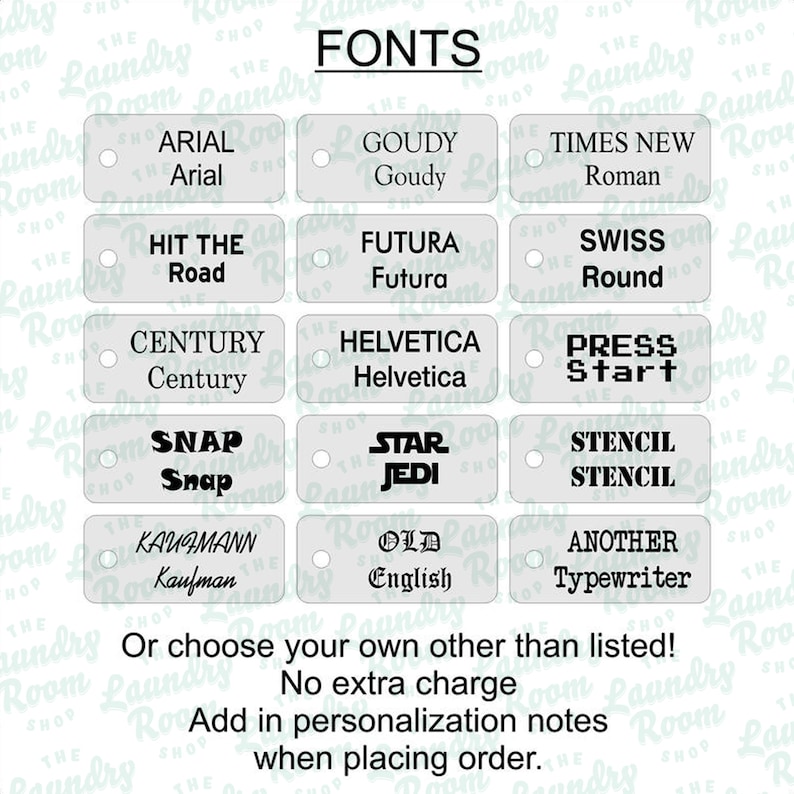 May include: A display of font styles, including Arial, Goudy, Times New Roman, Hit the Road, Futura, Swiss Round, Century, Helvetica, Press Start, Snap, Star Jedi, Stencil, Kaufmann, Old English, and Another Typewriter. Text at the bottom encourages custom font choices.