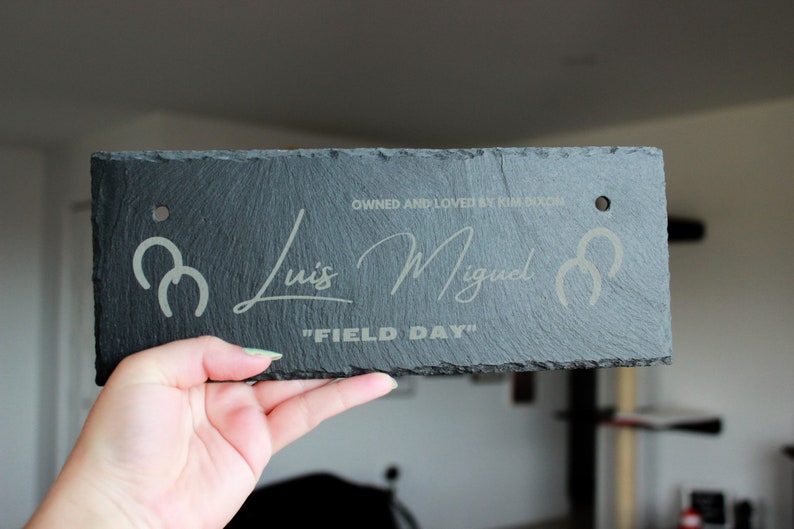 Puede incluir: Placa de pizarra negra con una inscripci&oacute;n blanca que dice "Owned and loved by Kim Roode" y "Luis Miguel" en cursiva. La placa tambi&eacute;n presenta dos s&iacute;mbolos de herradura blancos y el texto "FIELD DAY".