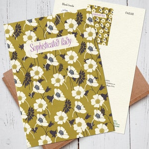 Cartões sofisticados para mulheres, cartões para mulheres, cartões para mulheres elegantes, cartões para ela, cartão com design floral mostarda, cartão para amantes da arte retrô, design