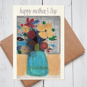 Flores del Día de la Madre Feliz en tarjeta de jarrón, Tarjetas del Domingo de Maternidad, Tarjetas Florales de Mamá, Jarrón de Flores Día de la Madre, Tarjetas para mamá, Mamá Retro