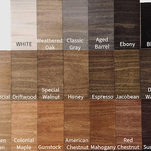 May include: Wood stain color chart with 16 different wood stain colors, including white, weathered oak, classic gray, aged barrel, ebony, black, provincial pecan, driftwood, special walnut, honey, espresso, jacobean, dark walnut, golden pecan, colonial maple, gunstock, american chestnut, mahogany, red chestnut, and sumatra.