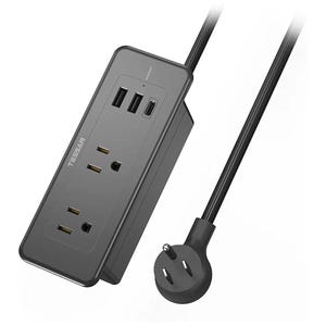 May include: A black power strip with three AC outlets and two USB ports. The power strip has a black cord with a three-prong plug.