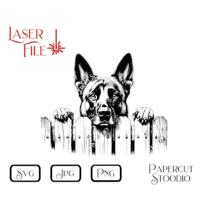 May include: Black and white illustration of a German Shepherd dog peeking over a wooden fence. The dog has a serious expression on its face.