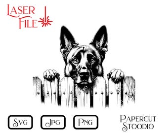 May include: Black and white illustration of a German Shepherd dog peeking over a wooden fence. The dog has a serious expression on its face.