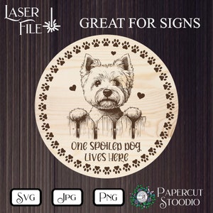 May include: Circular wooden sign with a dog illustration. The sign shows a dog looking over a fence, encircled by paw prints and hearts. Text reads "One spoiled dog lives here" and "Great for signs."