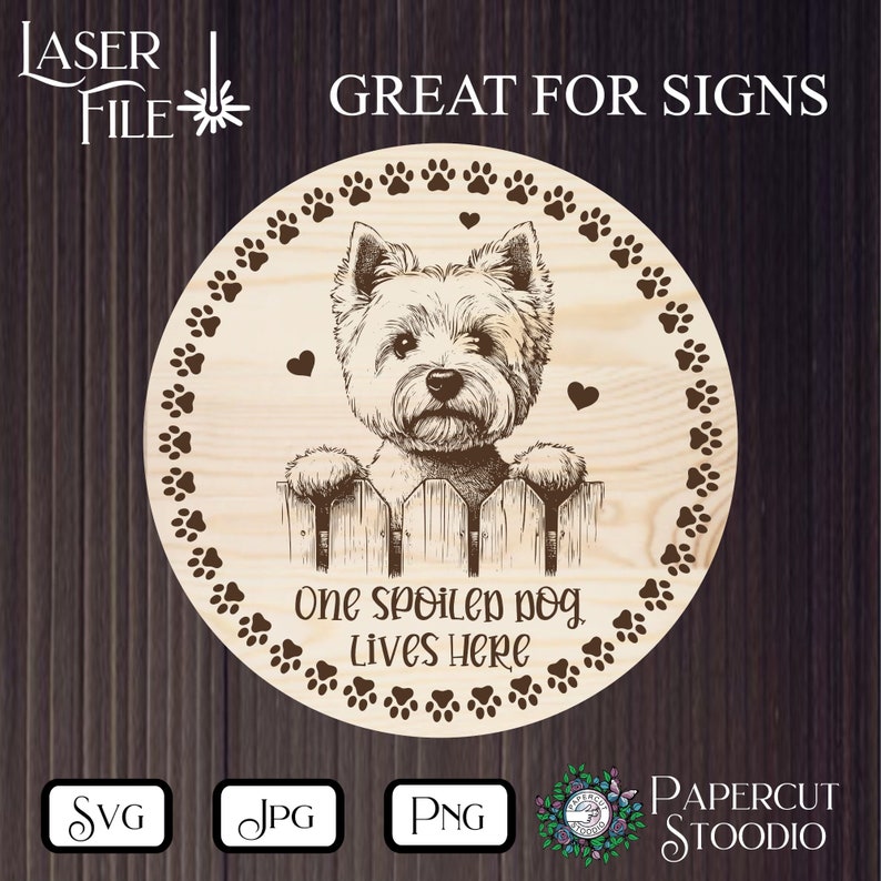 May include: Circular wooden sign with a dog illustration. The sign shows a dog looking over a fence, encircled by paw prints and hearts. Text reads "One spoiled dog lives here" and "Great for signs."