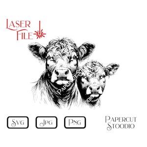 May include: A black and white illustration of two cows, one larger than the other, facing forward. The image includes the text "LASER FILE" in red, and file type icons for SVG, JPG, and PNG. The words "PAPERCUT STOODIO" are also present.