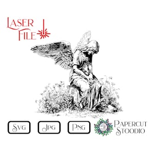 Fichier de gravure laser, ange en deuil SVG, monument commémoratif, au revoir, en souvenir, un être cher, perte, cartes de sympathie LightBurn GlowForge