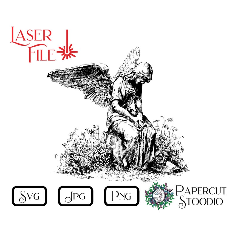 May include: Black and white line art illustration of an angel with wings sitting on a stone in a field of flowers. The angel is looking down with its head resting on its hand. The image is labeled "Laser File".