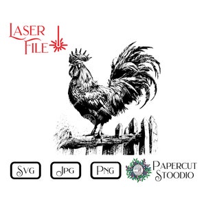 Lasergraveerbestand, Haan SVG, Chicken Country LightBurn GlowForge houtbewerking voor borden Snijplanken Onderzetters Gepersonaliseerde cadeaus