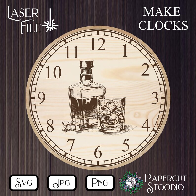May include: A wooden clock face with a bottle of liquor and a glass of ice. The clock face has Roman numerals and a black outline. The clock face is on a brown wooden background. The text "MAKE CLOCKS" is at the top of the image.