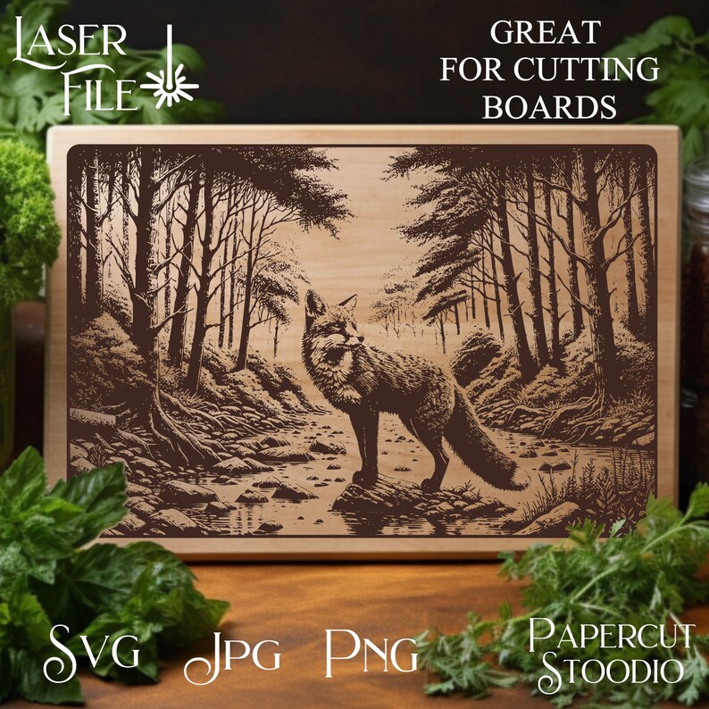 May include: A laser cut design of a fox standing in a forest with trees and a stream. The design is on a wooden board and is great for cutting boards.
