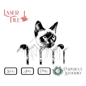 Fichier de gravure laser, chat siamois Peek SVG, accroche-porte bricolage clôture chat signe LightBurn GlowForge menuiserie chat gravure signe bienvenue