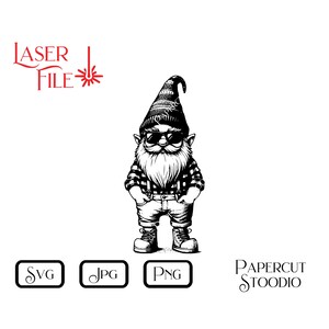 以下が含まれることがあります： サングラスとニット帽をかぶったノームの白黒イラスト。ノームはチェックシャツとジーンズを着用しています。ノームは両手をポケットに入れたまま立っています。