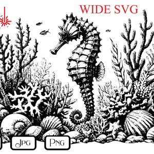 May include: Black and white illustration of a seahorse swimming among coral and seashells. The seahorse is facing right and has a detailed, textured design. The coral and seashells are also detailed and textured.