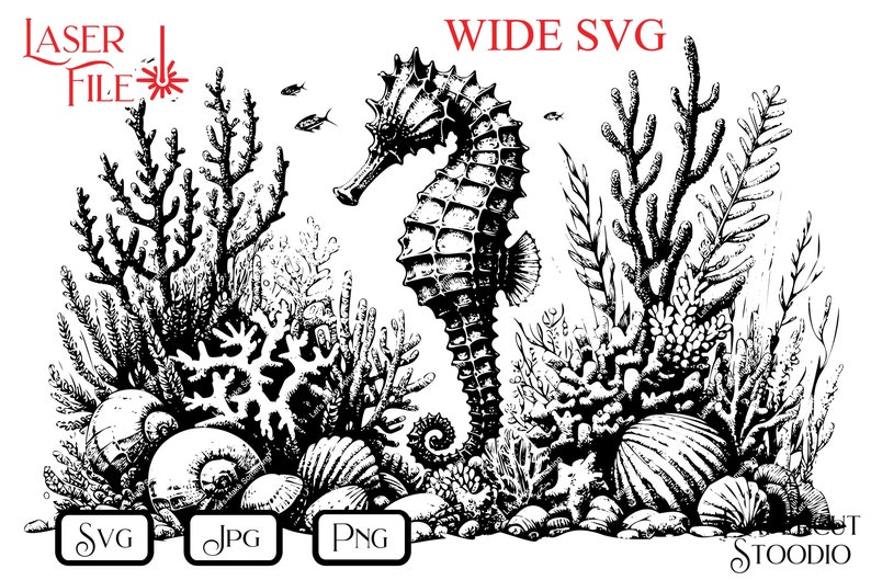 May include: Black and white illustration of a seahorse swimming among coral and seashells. The seahorse is facing right and has a detailed, textured design. The coral and seashells are also detailed and textured.